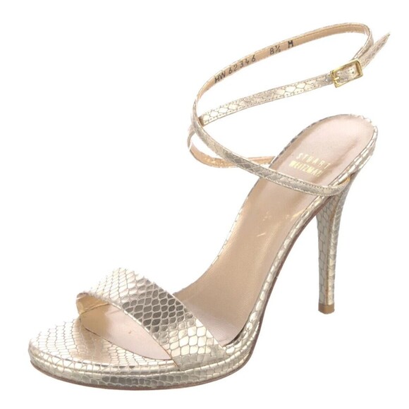 PRE-OWNED DESIGNER STUART WEITZMAN GOLD METALLIC LEATHER ANLE STRAP SANDALS 8.5 - Picture 7 of 14